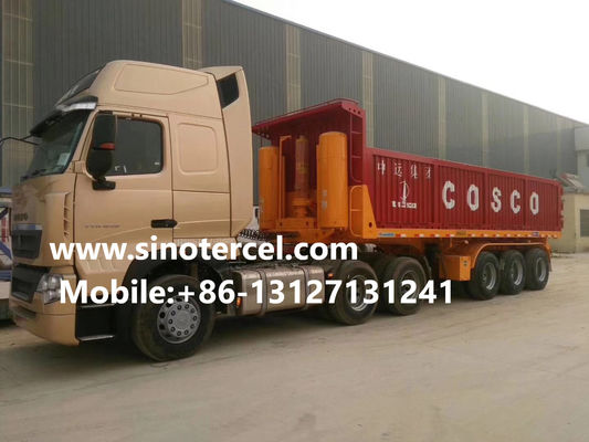 OEM Steel Tipper Semi Trailer ISO SGS ด้วยระบบไฮดรอลิก 30-50 ตัน สีแดง